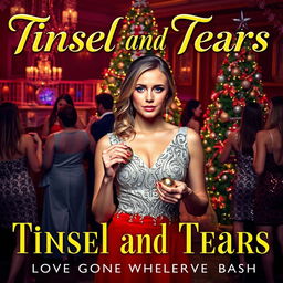 The captivating book cover for 'Tinsel and Tears: Love Gone Wrong at the Christmas Bash' depicts a scene filled with holiday spirit yet tinged with heartbreak