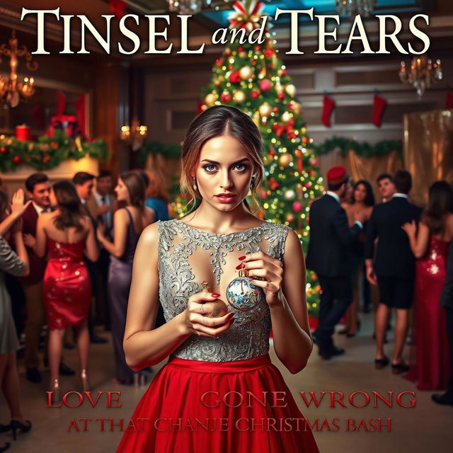 The captivating book cover for 'Tinsel and Tears: Love Gone Wrong at the Christmas Bash' depicts a scene filled with holiday spirit yet tinged with heartbreak