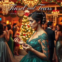 The book cover design for 'Tinsel and Tears: Love Gone Wrong at the Christmas Bash' elegantly combines festive cheer with a sense of heartache