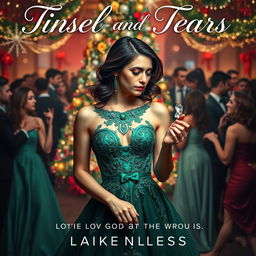 The book cover design for 'Tinsel and Tears: Love Gone Wrong at the Christmas Bash' elegantly combines festive cheer with a sense of heartache