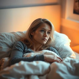 A serene scene of a 35-year-old woman with light blonde hair lying alone in bed