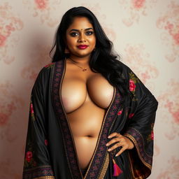 A curvy slim Tamil woman with a fuller figure, elegantly draped in a luxurious robe that enhances her deep cleavage and narrow tummy, showcasing her graceful silhouette