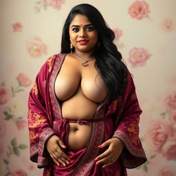 A curvy slim Tamil woman with a fuller figure, elegantly draped in a luxurious robe that enhances her deep cleavage and narrow tummy, showcasing her graceful silhouette