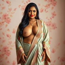A curvy slim Tamil woman with a fuller figure, elegantly draped in a luxurious robe that enhances her deep cleavage and narrow tummy, showcasing her graceful silhouette