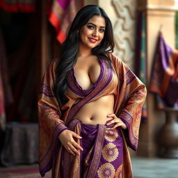A curvy, slim Afghani woman with a fuller figure, elegantly draped in a luxurious, flowing robe that accentuates her deep cleavage and narrow tummy