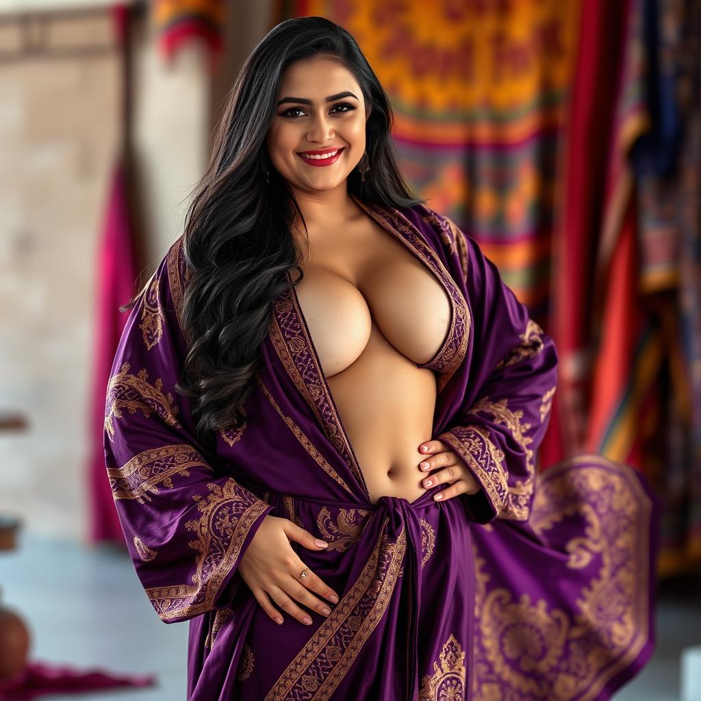 A curvy, slim Afghani woman with a fuller figure, elegantly draped in a luxurious, flowing robe that accentuates her deep cleavage and narrow tummy