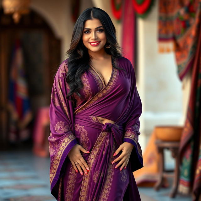 A curvy, slim Afghani woman with a fuller figure, elegantly draped in a luxurious, flowing robe that accentuates her deep cleavage and narrow tummy