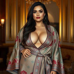 A curvy slim Afghani woman with a fuller figure, elegantly draped in a luxurious robe that accentuates her deep cleavage and narrow tummy