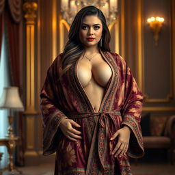 A curvy slim Afghani woman with a fuller figure, elegantly draped in a luxurious robe that accentuates her deep cleavage and narrow tummy