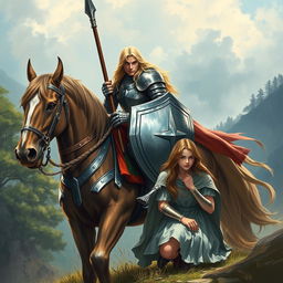 A knight in armor riding a majestic horse, holding a spear and shield