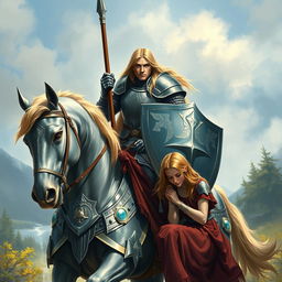 A knight in armor riding a majestic horse, holding a spear and shield