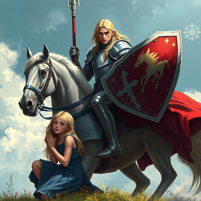 A knight in armor riding a majestic horse, holding a spear and shield