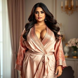A curvy slim Pakistani woman with a fuller figure, elegantly draped in a luxurious robe that accentuates her deep cleavage and narrow tummy