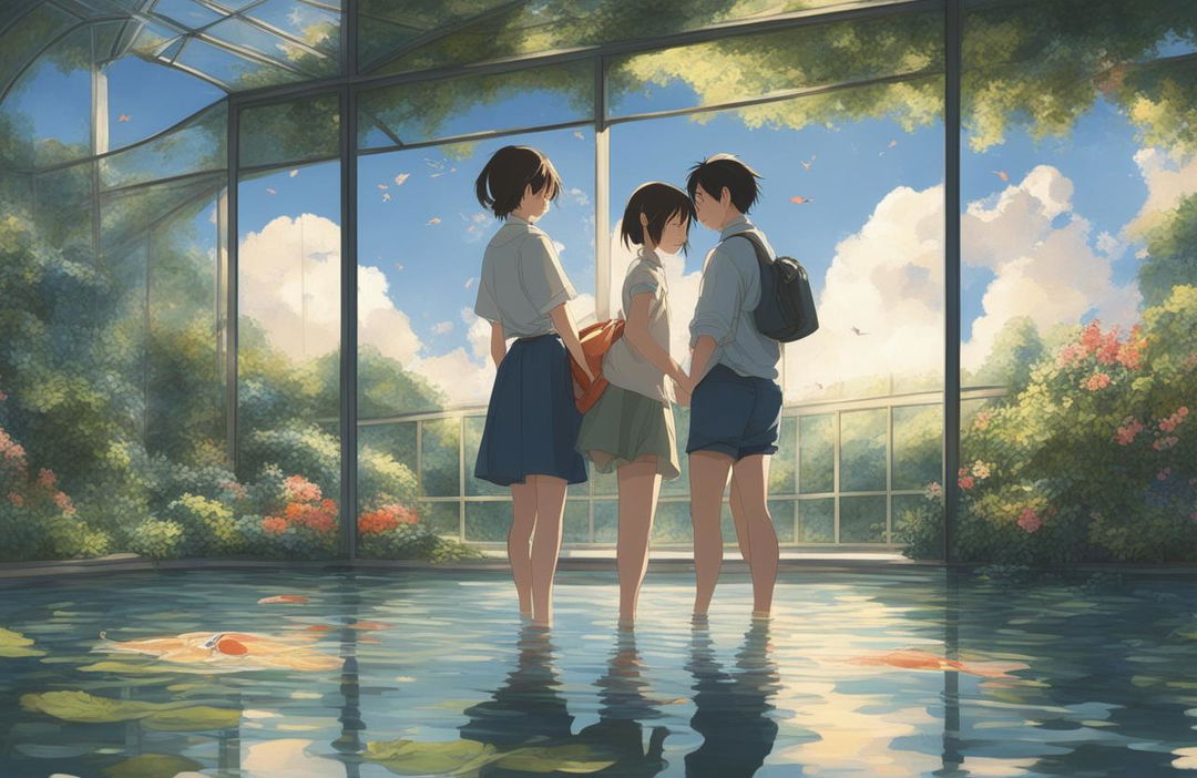 A high-definition digital art image in the style of Makoto Shinkai, featuring young lovers in a magnificent open glasshouse within a botanical garden