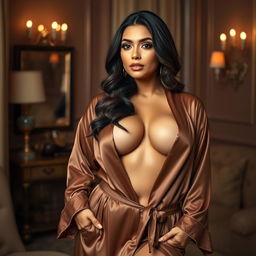 A curvy slim Latina woman with a fuller figure, elegantly draped in a luxurious robe that accentuates her deep cleavage and narrow tummy
