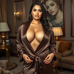 A curvy slim Latina woman with a fuller figure, elegantly draped in a luxurious robe that accentuates her deep cleavage and narrow tummy