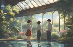 A high-definition digital art image in the style of Makoto Shinkai, featuring young lovers in a magnificent open glasshouse within a botanical garden