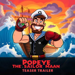 A dynamic and eye-catching teaser trailer frame featuring a cartoonish take on Conor McGregor dressed as Popeye the Sailor Man