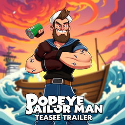 A dynamic and eye-catching teaser trailer frame featuring a cartoonish take on Conor McGregor dressed as Popeye the Sailor Man