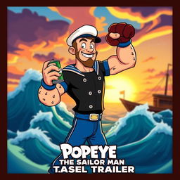 A dynamic and eye-catching teaser trailer frame featuring a cartoonish take on Conor McGregor dressed as Popeye the Sailor Man