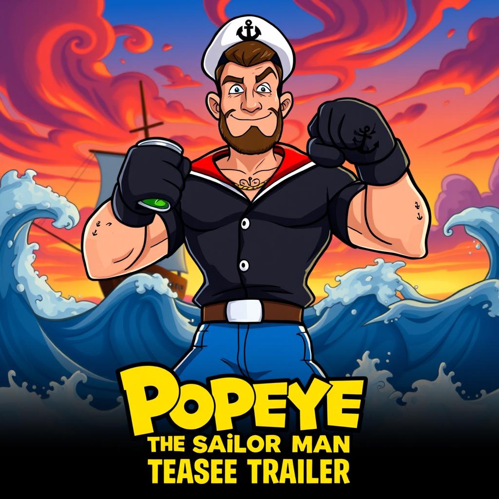 A dynamic and eye-catching teaser trailer frame featuring a cartoonish take on Conor McGregor dressed as Popeye the Sailor Man