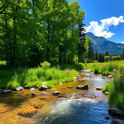 A serene landscape featuring a lush green forest with towering trees, sunlight filtering through the leaves creating dappled patterns on the forest floor