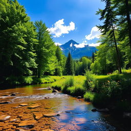 A serene landscape featuring a lush green forest with towering trees, sunlight filtering through the leaves creating dappled patterns on the forest floor