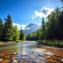 A serene landscape featuring a lush green forest with towering trees, sunlight filtering through the leaves creating dappled patterns on the forest floor
