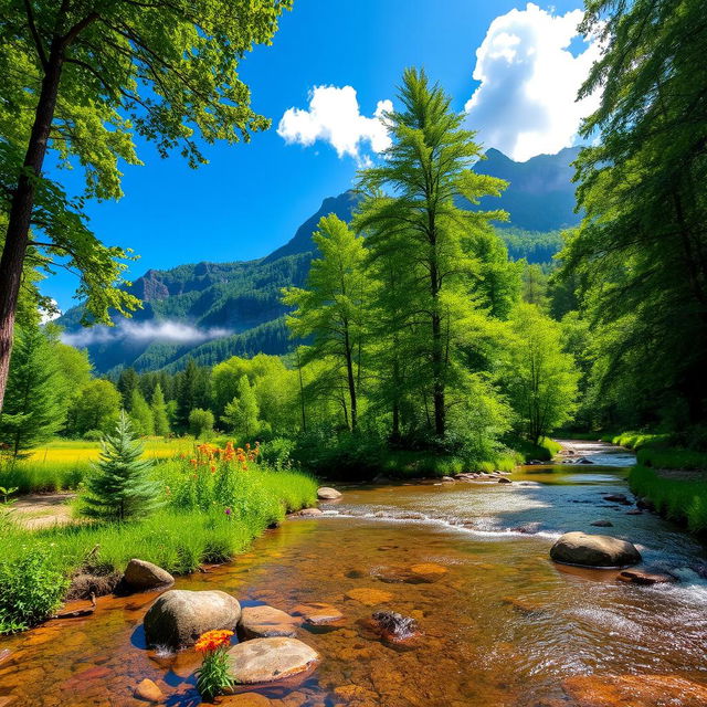 A serene landscape featuring a lush green forest with towering trees, sunlight filtering through the leaves creating dappled patterns on the forest floor