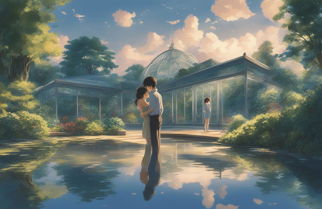 A high-definition digital art image in the style of Makoto Shinkai, featuring young lovers in a magnificent open glasshouse within a botanical garden