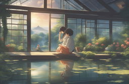 A high-definition digital art image in the style of Makoto Shinkai, featuring young lovers in a magnificent open glasshouse within a botanical garden