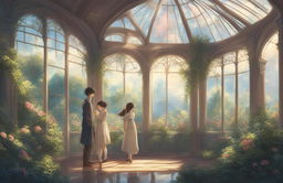 A high-definition digital art image in the style of Makoto Shinkai, featuring young lovers in a magnificent Rococo style open glasshouse within a botanical garden