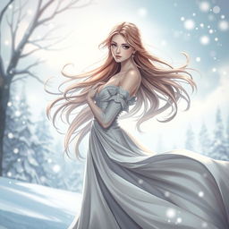 A beautifully styled artistic representation inspired by a fantasy character, featuring a woman with long, flowing hair and an elegant gown