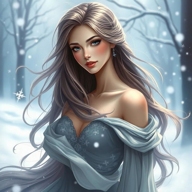 A beautifully styled artistic representation inspired by a fantasy character, featuring a woman with long, flowing hair and an elegant gown