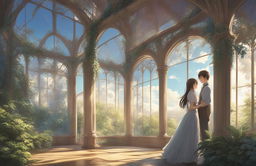 A high-definition digital art image in the style of Makoto Shinkai, featuring young lovers in a magnificent Rococo style open glasshouse within a botanical garden