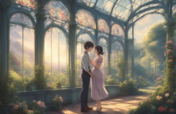 A high-definition digital art image in the style of Makoto Shinkai, featuring young lovers in a magnificent Rococo style open glasshouse within a botanical garden