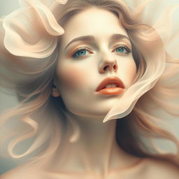 A surreal and artistic depiction of a woman's face creatively blended with abstract elements that suggest the outline of breasts without any explicit nudity or sexual content