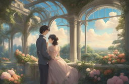 A high-definition digital art image in the style of Makoto Shinkai, featuring young lovers in a magnificent Rococo style open glasshouse within a botanical garden