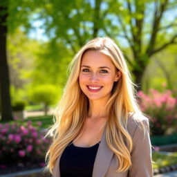 A beautiful woman aged 25-30, with long blonde hair, dressed in a stylish outfit, standing outdoors in a sunlit park