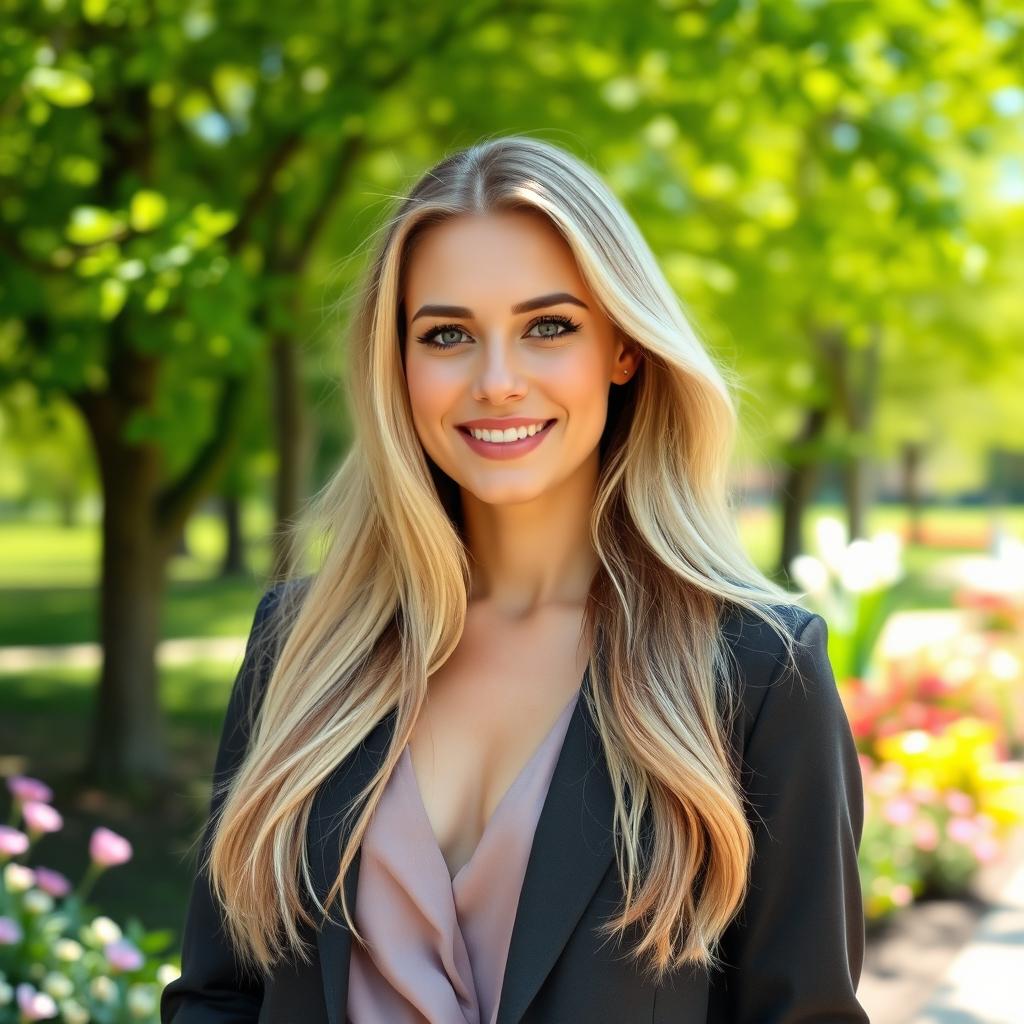 A beautiful woman aged 25-30, with long blonde hair, dressed in a stylish outfit, standing outdoors in a sunlit park