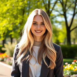 A beautiful woman aged 25-30, with long blonde hair, dressed in a stylish outfit, standing outdoors in a sunlit park
