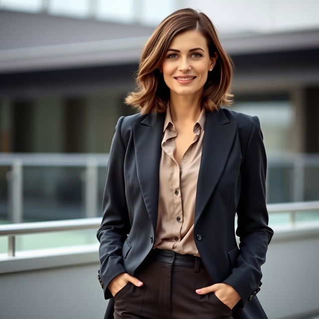 A European woman aged between 30 to 45 years, standing confidently in an elegant outfit