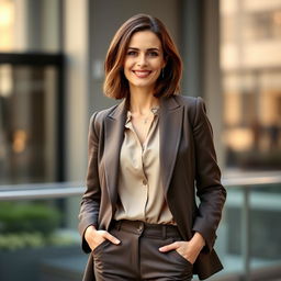 A European woman aged between 30 to 45 years, standing confidently in an elegant outfit