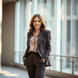 A European woman aged between 30 to 45 years, standing confidently in an elegant outfit