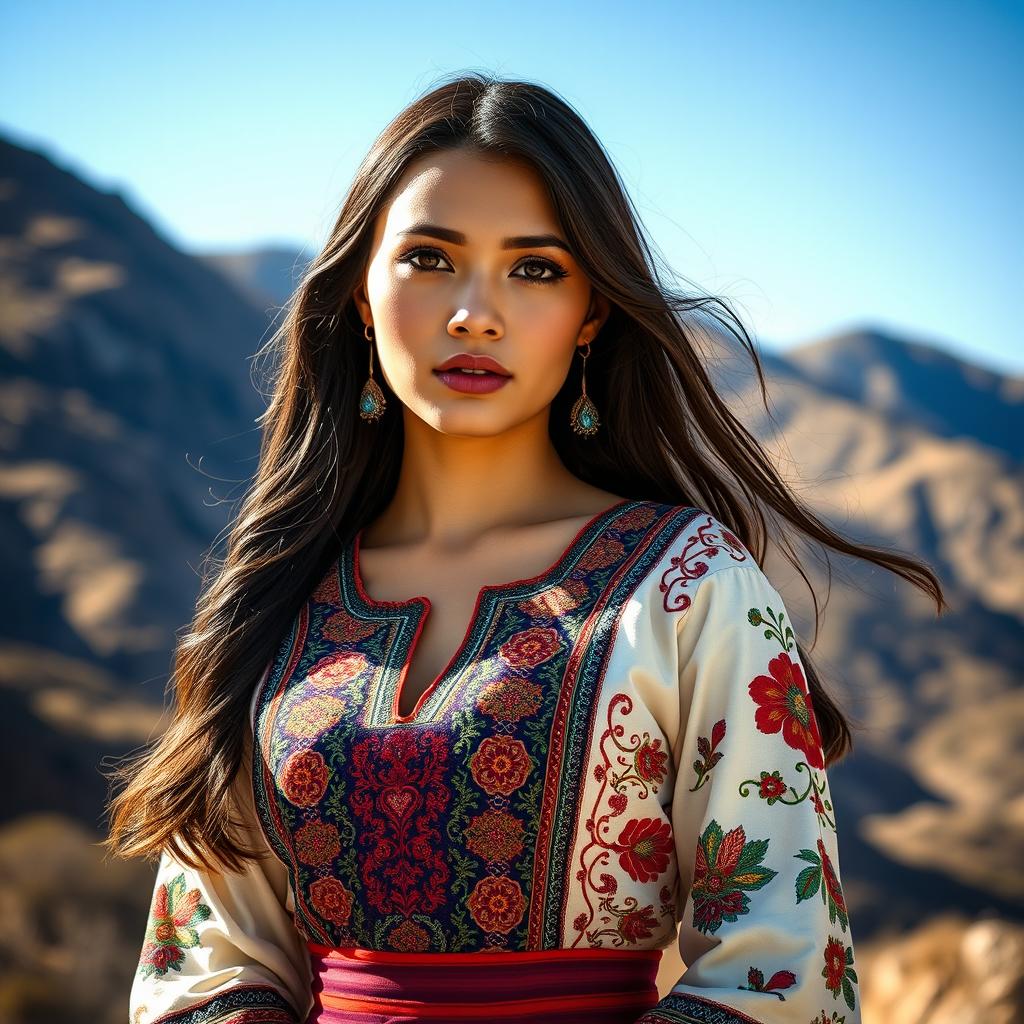 A beautiful young woman from Dagestan, wearing an elegant and traditional outfit combining intricate patterns and vibrant colors