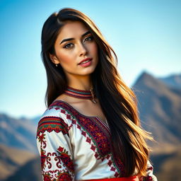 A beautiful young woman from Dagestan, wearing an elegant and traditional outfit combining intricate patterns and vibrant colors