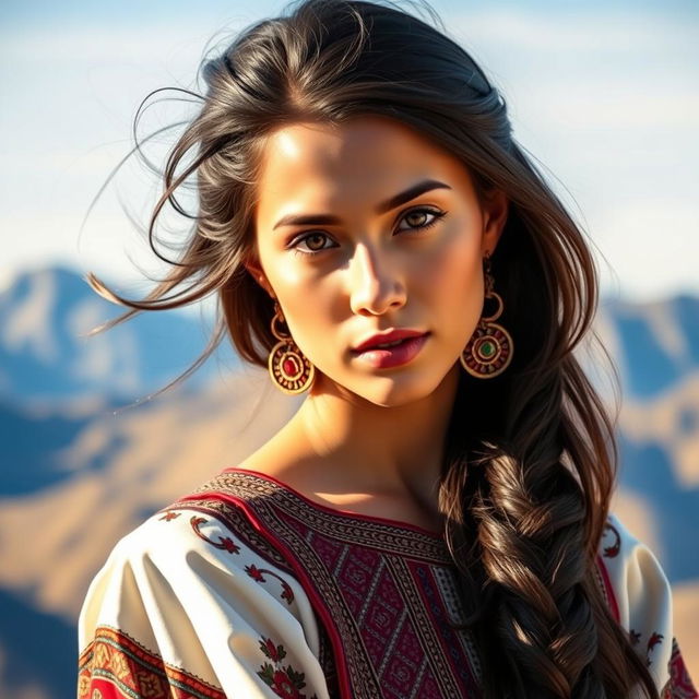 A beautiful young woman from Dagestan, wearing an elegant and traditional outfit combining intricate patterns and vibrant colors