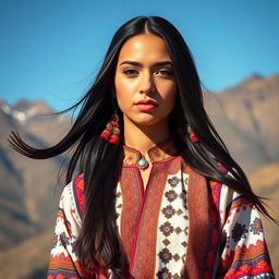 A beautiful young woman from Dagestan, wearing an elegant and traditional outfit combining intricate patterns and vibrant colors