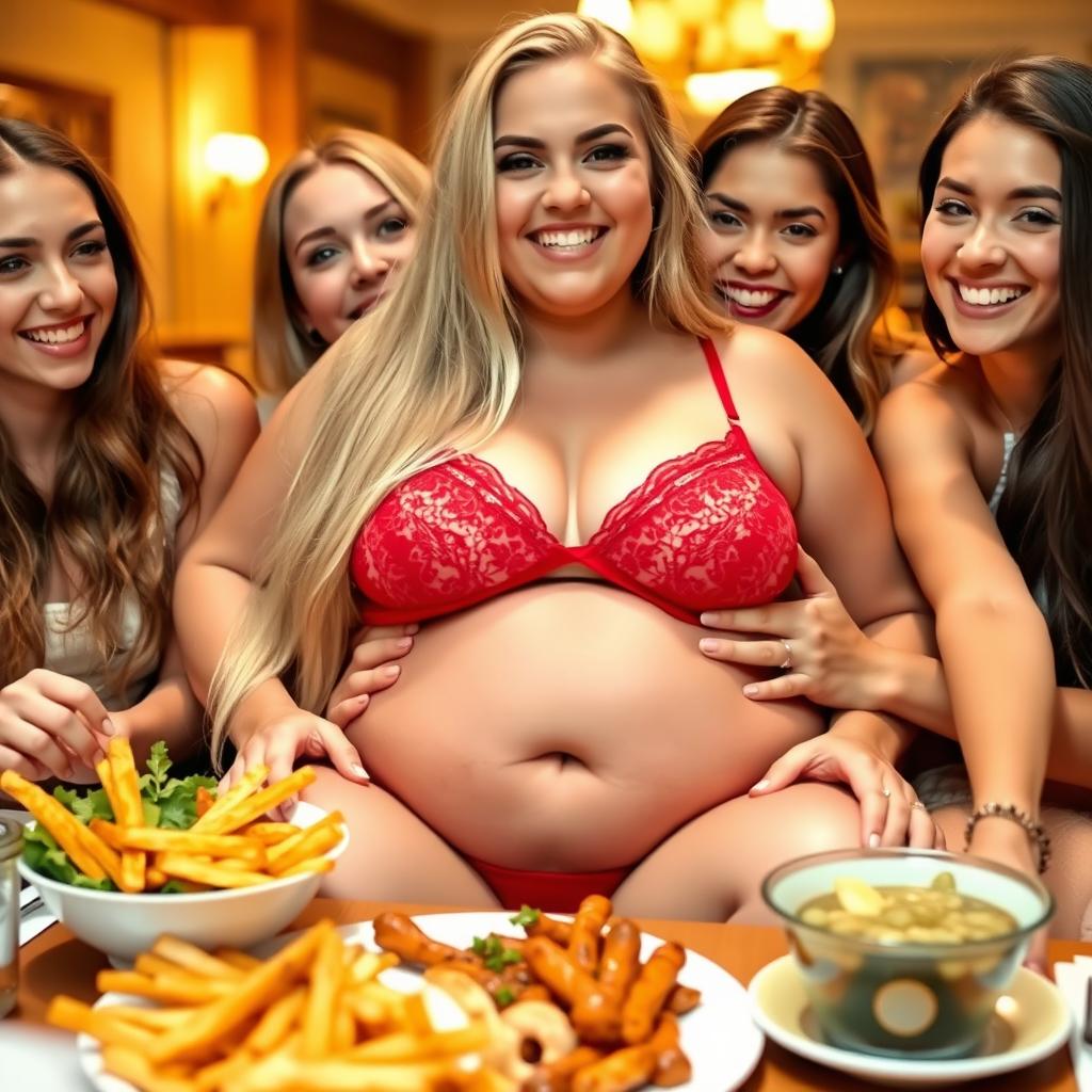 A cute, thin-faced, beautiful girl with long flowing blonde hair, characterized by a prominent wide pot belly and large, soft breasts, is joyfully seated in front of a plate of delicious food