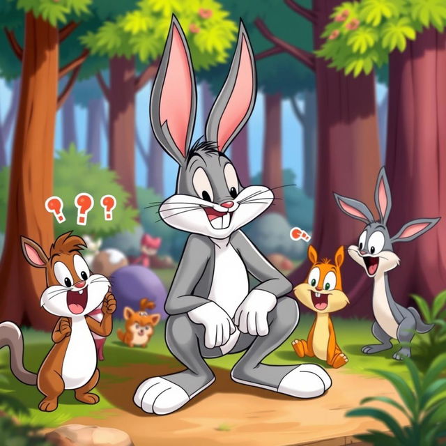 A cartoon-style illustration of Bugs Bunny humorously squatting in a vibrant, animated forest setting, surrounded by playful forest creatures reacting with exaggerated surprise